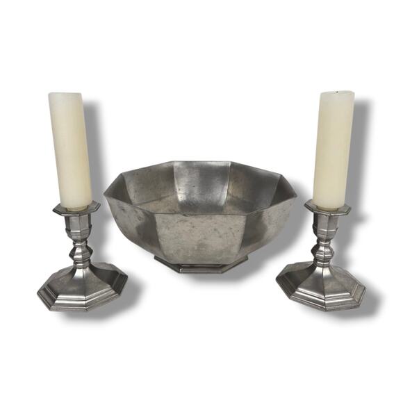 Vintage Gorham Pewter Candle Stick and Console Centerpiece Bowl Set Silver Toned - Picture 1 of 9